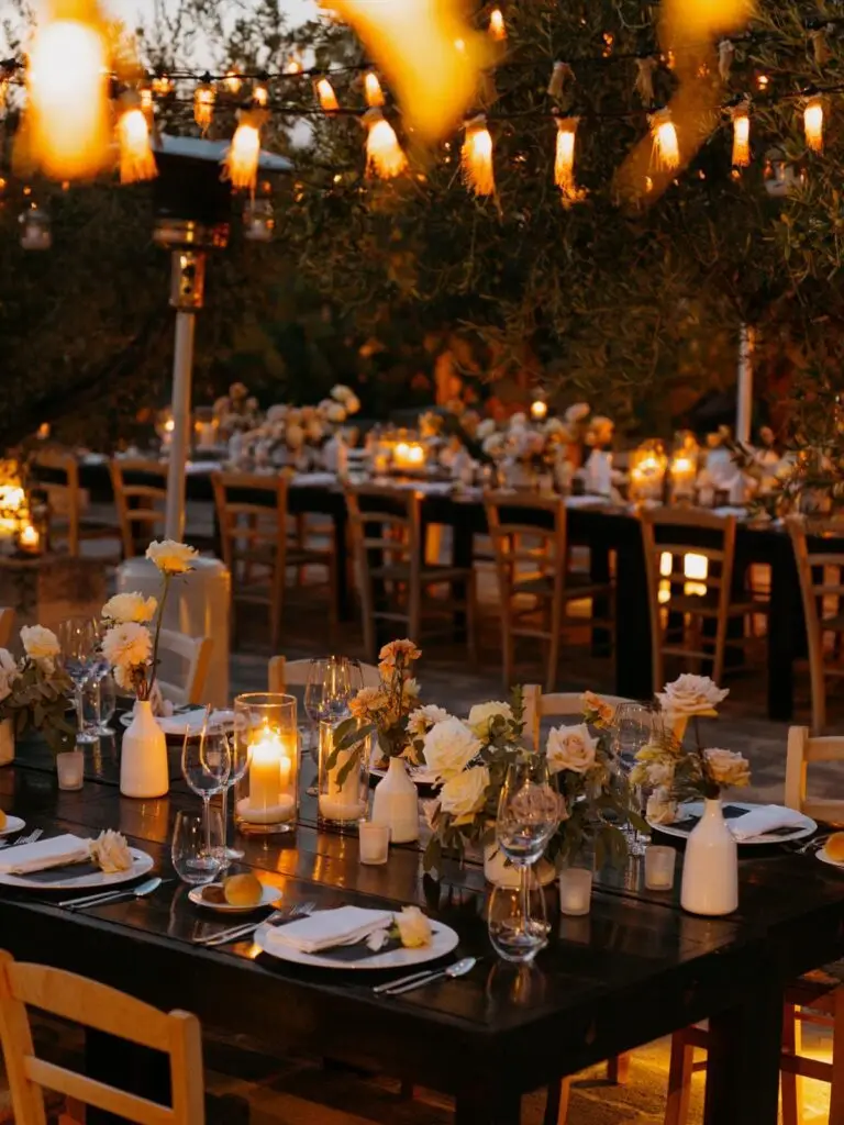 Candlelit wedding tables beneath olive trees in Puglia