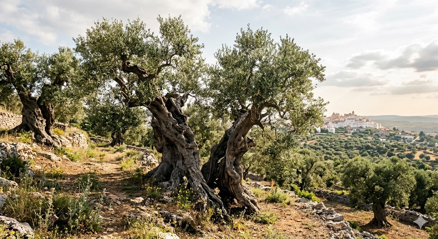 Ancient olive trees overlooking a white hill town in Puglia