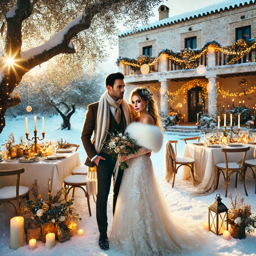 Boda romántica de invierno en Italia, Puglia con olivos cubiertos de nieve, una acogedora Masseria decorada con luces de colores y una pareja con un elegante traje de boda de invierno