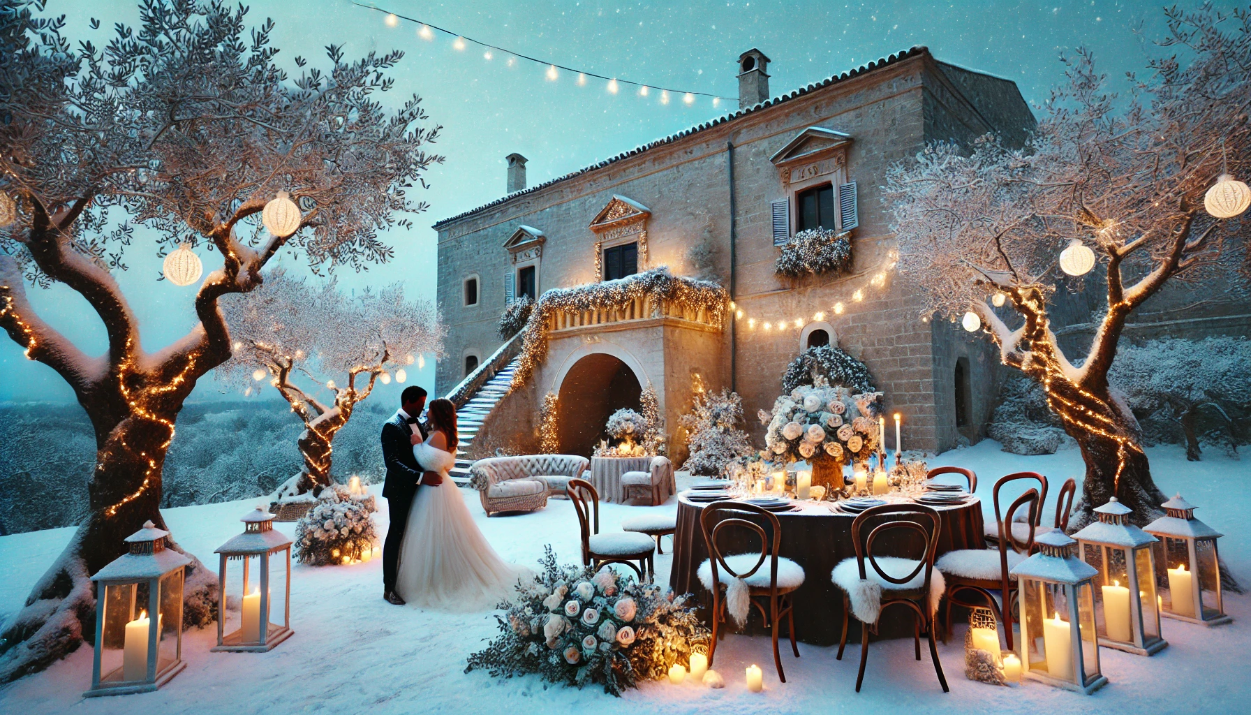 Una escena romántica de boda de invierno en Puglia, Italia, que presenta una masseria histórica adornada con luces de cadena y un entorno cubierto de nieve. La configuración incluye olivos con ramas nevadas, una mesa rústica con rosas blancas y velas, y una pareja vestida de boda de invierno cerca de una chimenea antigua bajo un cielo azul crepuscular.