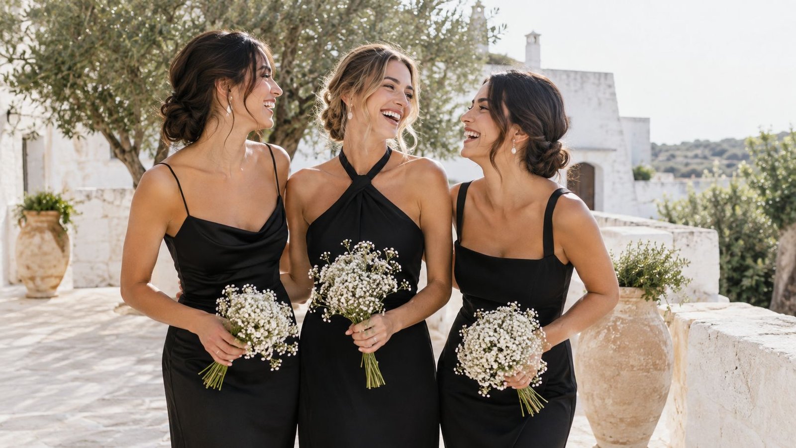 Três damas de honor sorridentes, vestindo elegantes vestidos pretos e segurando delicados ramos de flores brancas de gipsofila.