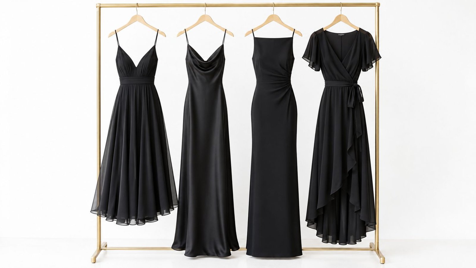 Quatro elegantes vestidos pretos pendurados num cabideiro dourado sobre um fundo branco simples.
