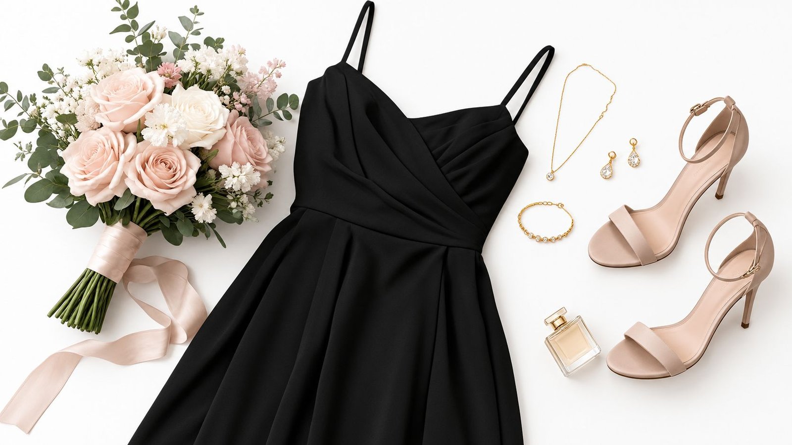 Um sofisticado vestido preto de dama de honor, complementado por um ramo de flores, sapatos de salto alto, joias e perfume.