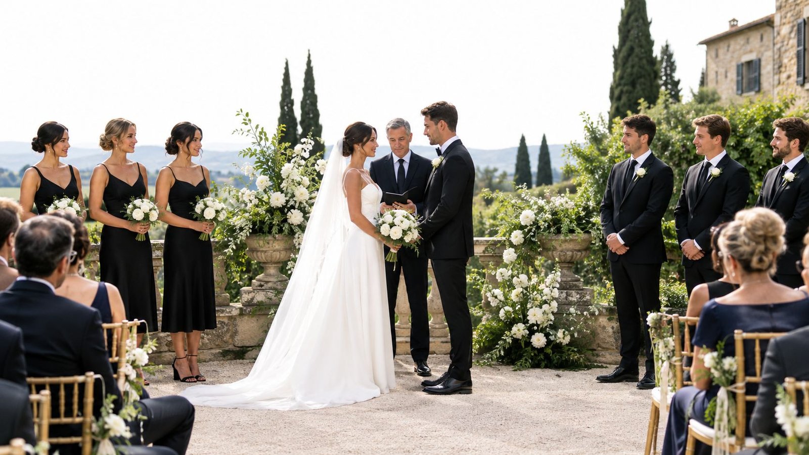 Os noivos trocam votos de casamento ao ar livre, com as damas de honor em elegantes vestidos pretos ao lado.