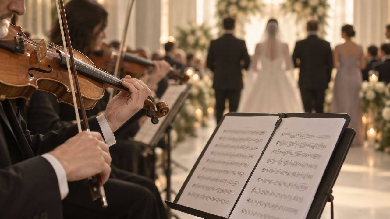 Primer plano de un músico tocando el violín durante una ceremonia de boda con los invitados al fondo.