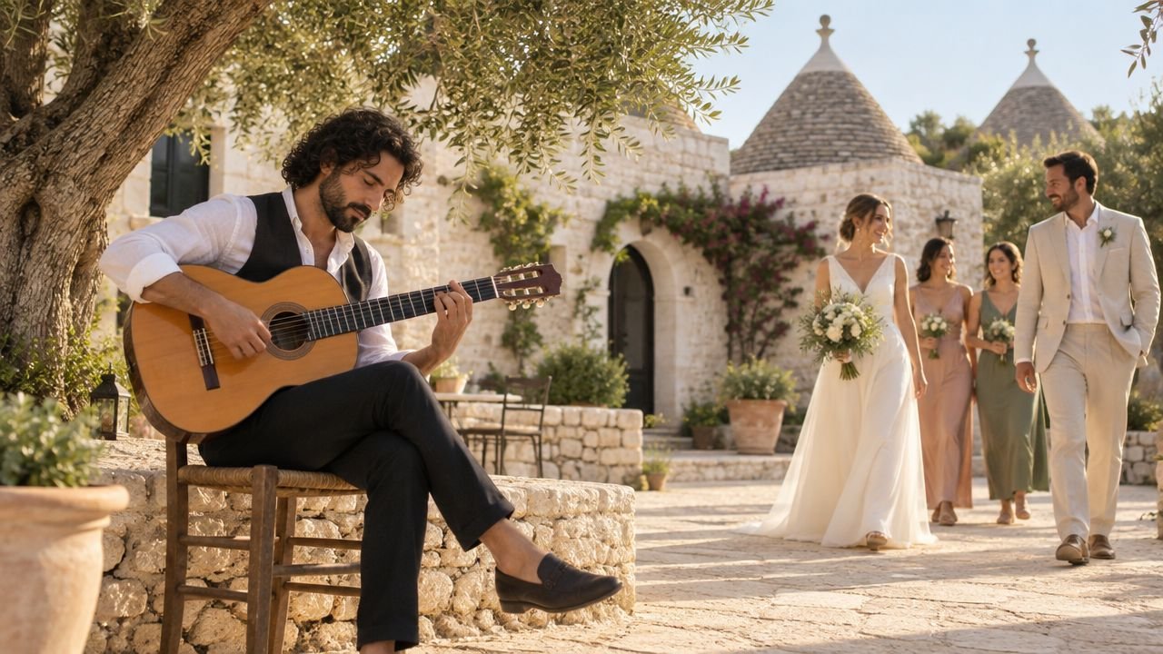 Un guitarrista tocando música durante una hermosa boda, con la comitiva nupcial caminando al fondo.