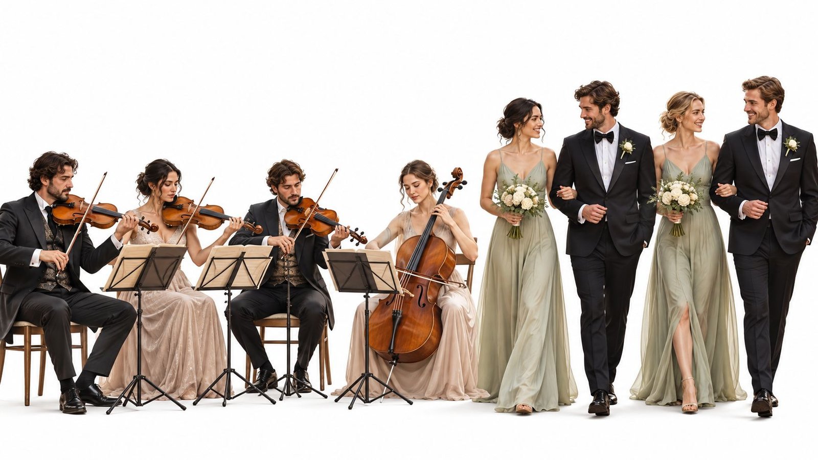 Un cuarteto de cuerdas interpreta música mientras una comitiva nupcial camina del brazo cerca de allí.