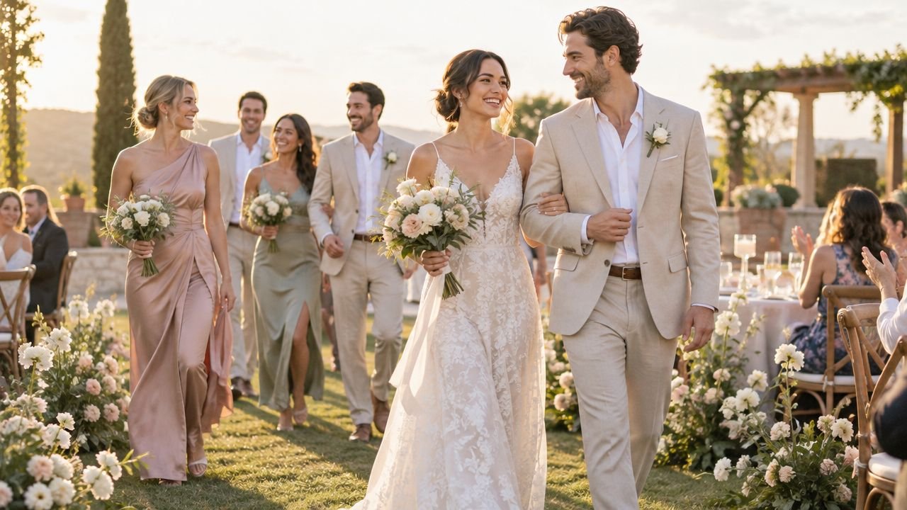 Un grupo de novios y damas de honor, todos muy felices, pasean juntos durante una soleada celebración de recepción nupcial al aire libre.