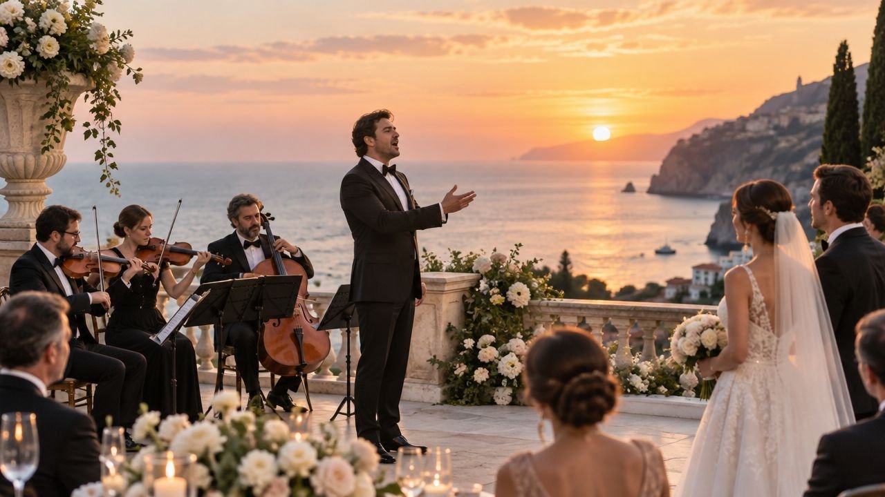 Una cantante profesional actúa para una pareja de recién casados ​​durante una hermosa ceremonia al aire libre al atardecer junto al mar.