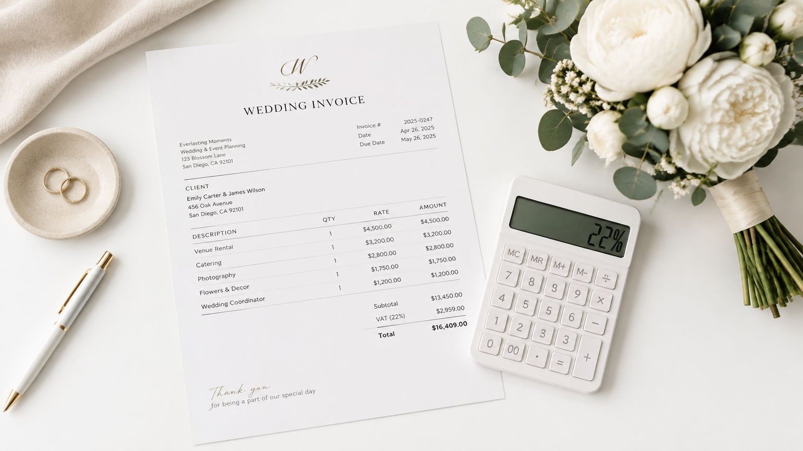 Una factura de boda con flores, anillos y una calculadora sobre un fondo blanco de mesa.