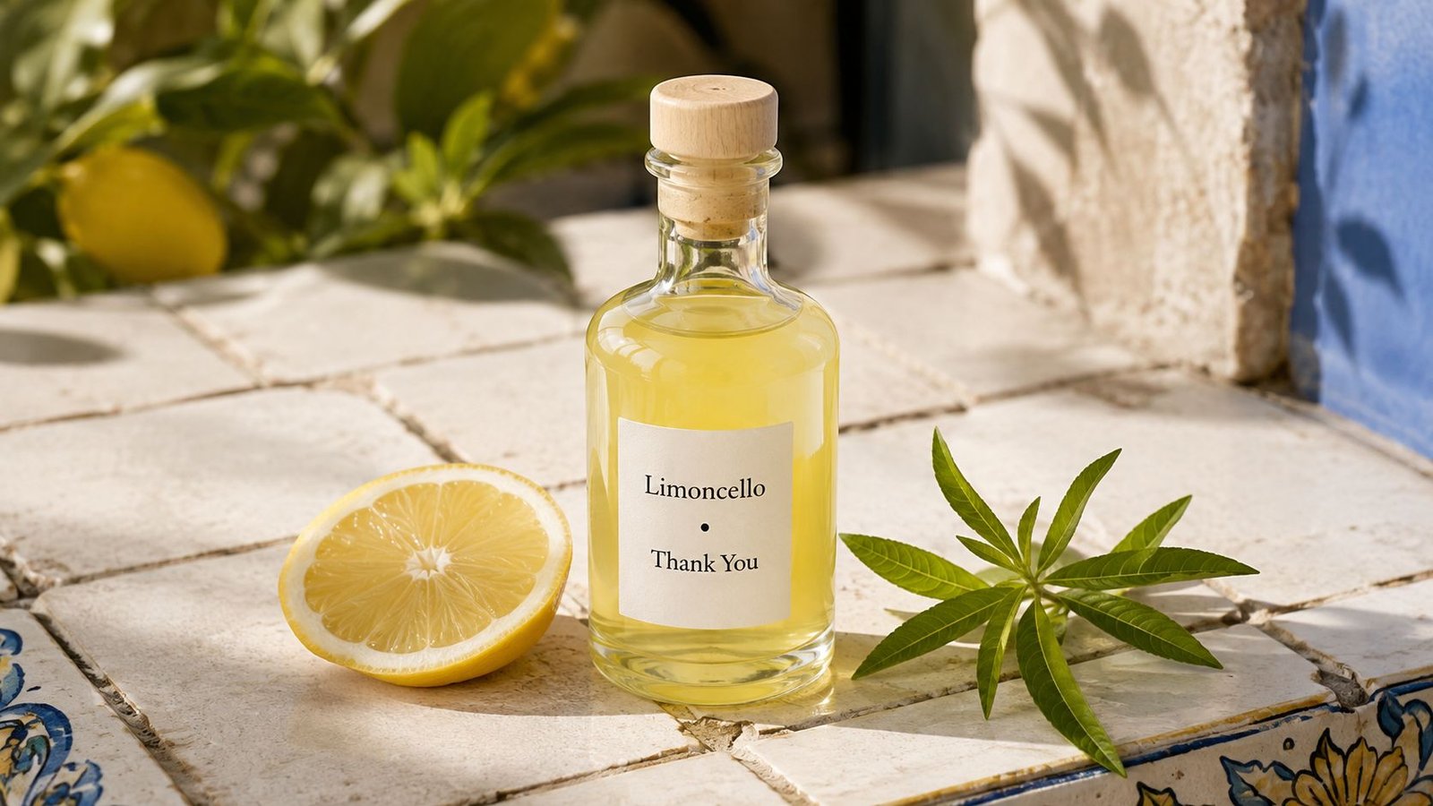A glass bottle of homemade limoncello with a thank you label, surrounded by a fresh lemon slice and leaves.