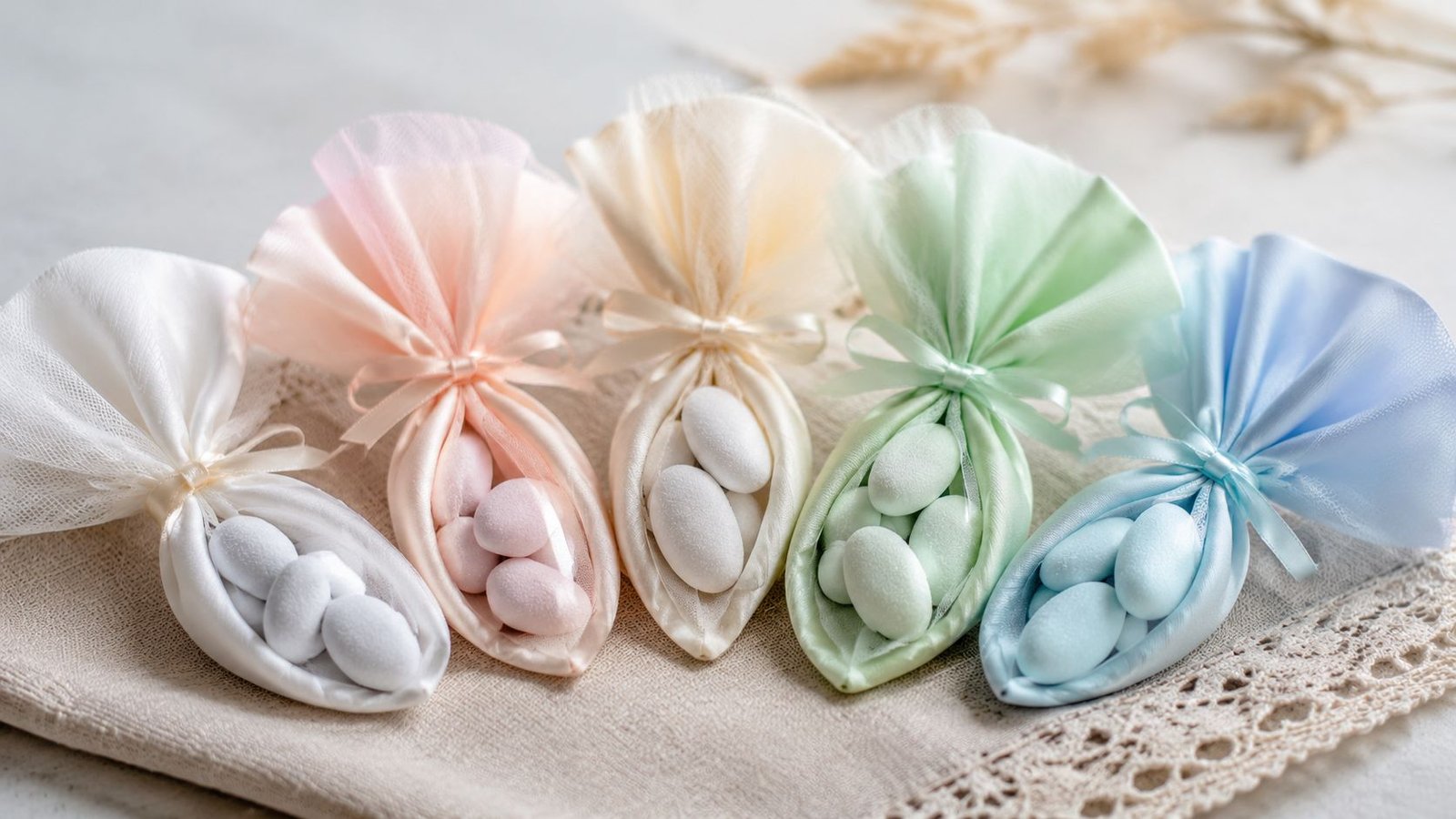 Five elegant organza pouches in pastel colors, each filled with sugared almonds, displayed on a lace cloth.