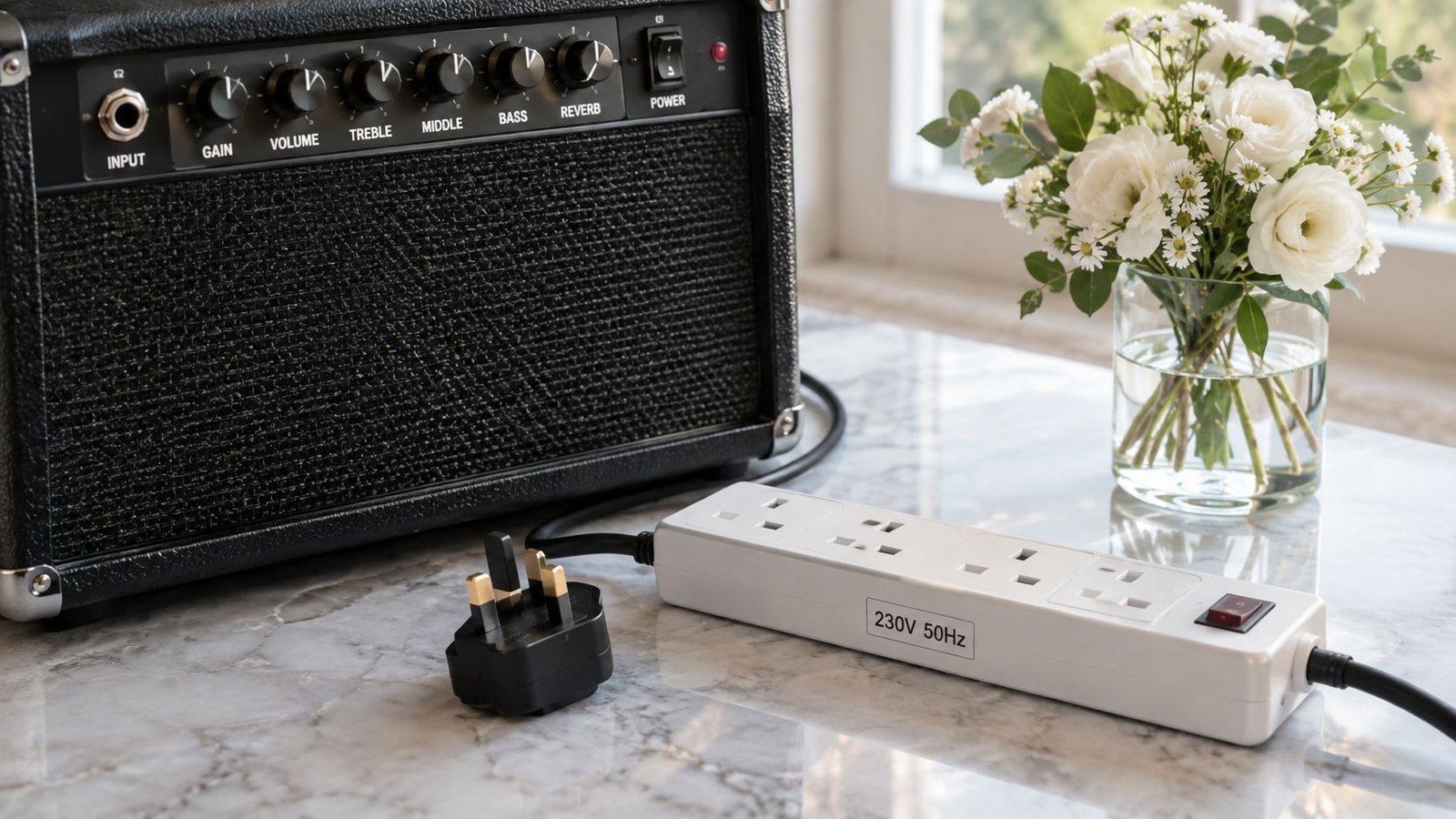 Ein schwarzer Gitarrenverstärker steht neben einer Steckdosenleiste und einer Vase mit weißen Blumen.