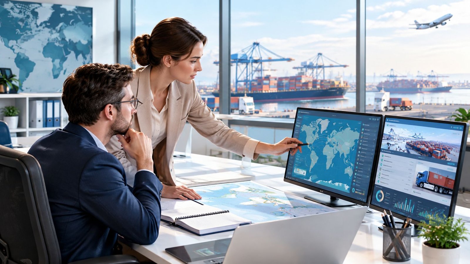 Zwei Fachleute analysieren in einem modernen Büro mit Blick auf den Hafen globale Logistik- und Schifffahrtsdaten an Computermonitoren.