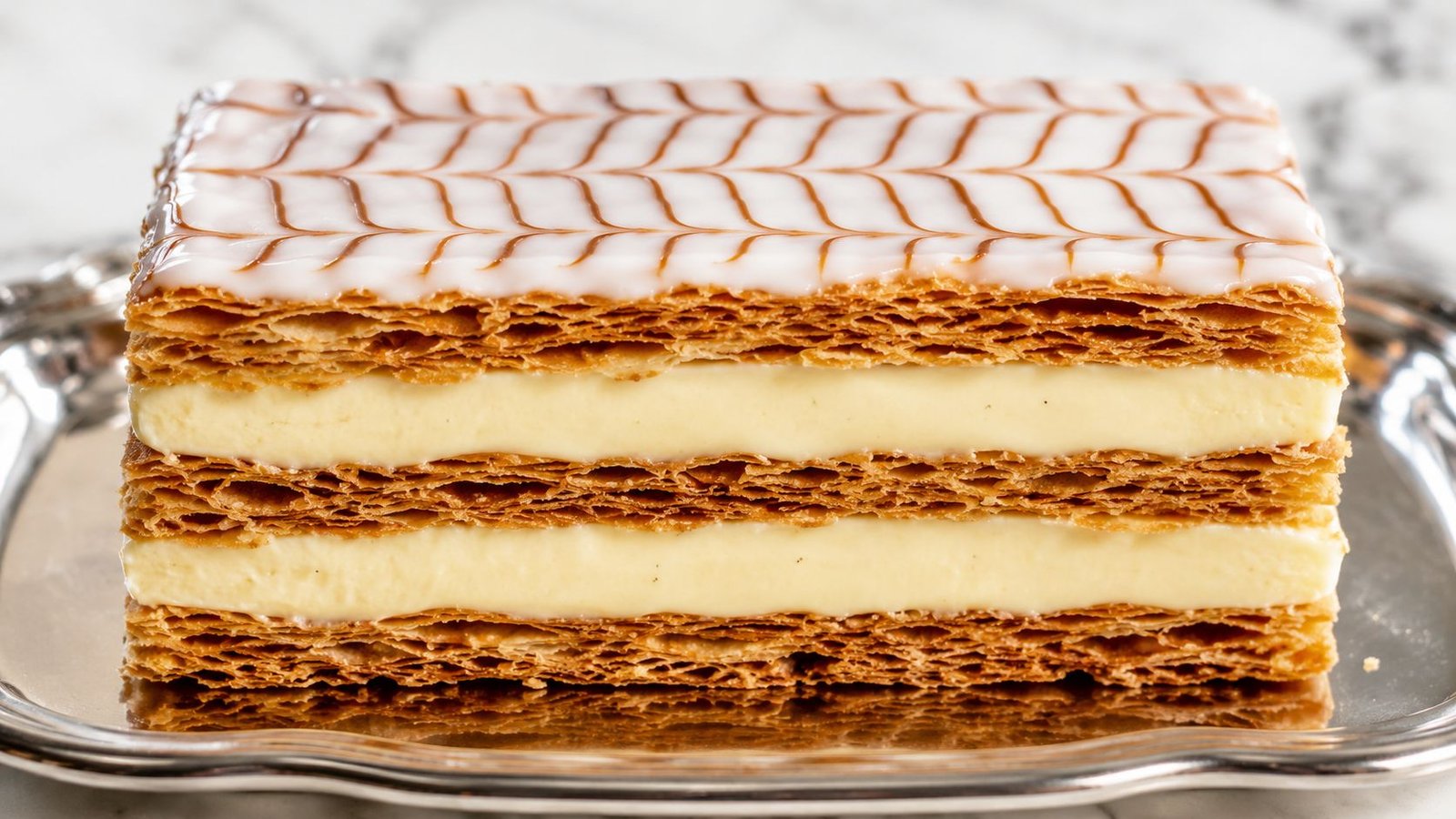 A single rectangular serving of mille-feuille pastry topped with a classic chevron-patterned white icing glaze.