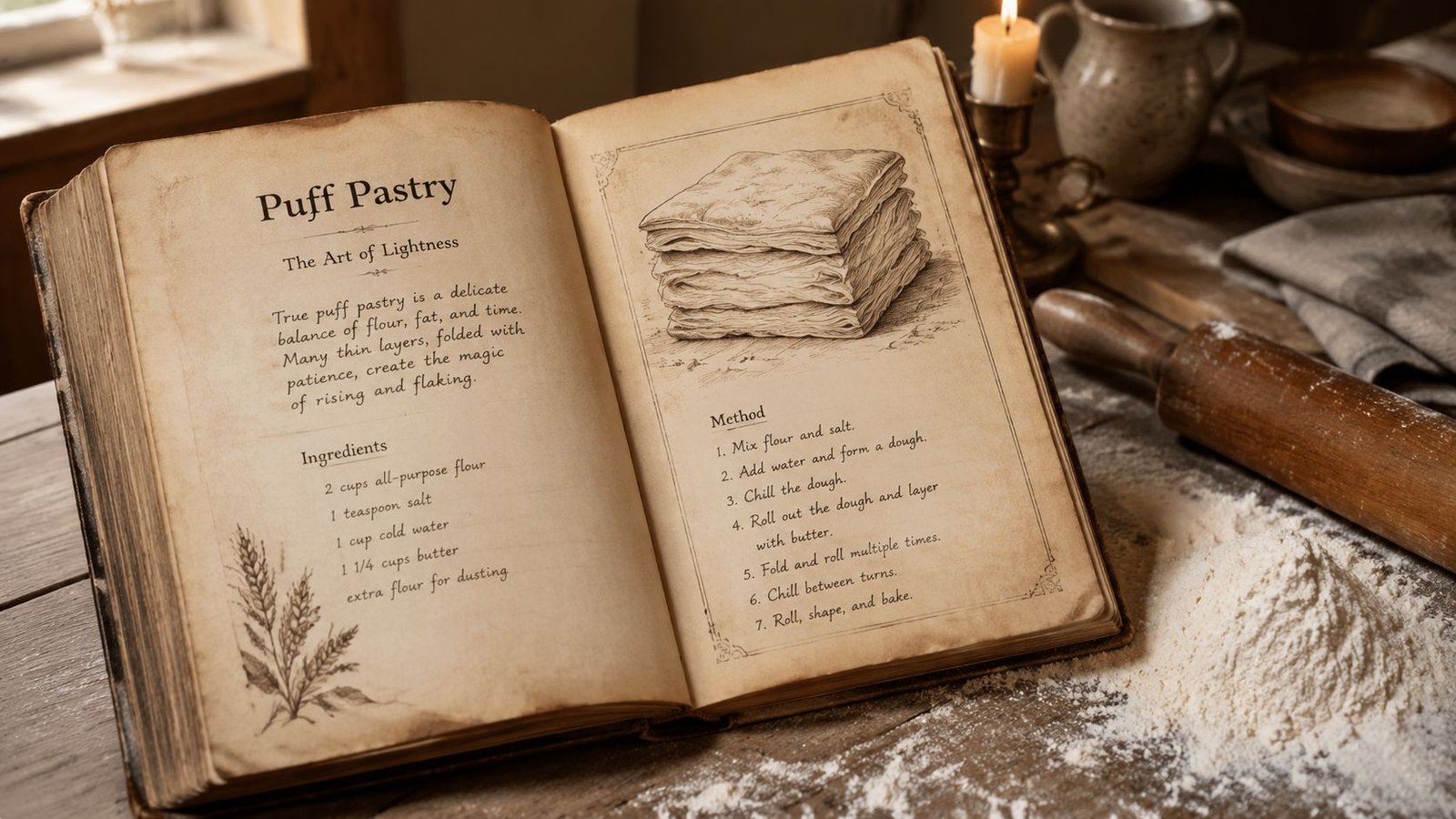 An open vintage cookbook showing a recipe for puff pastry sitting on a flour-covered wooden table.