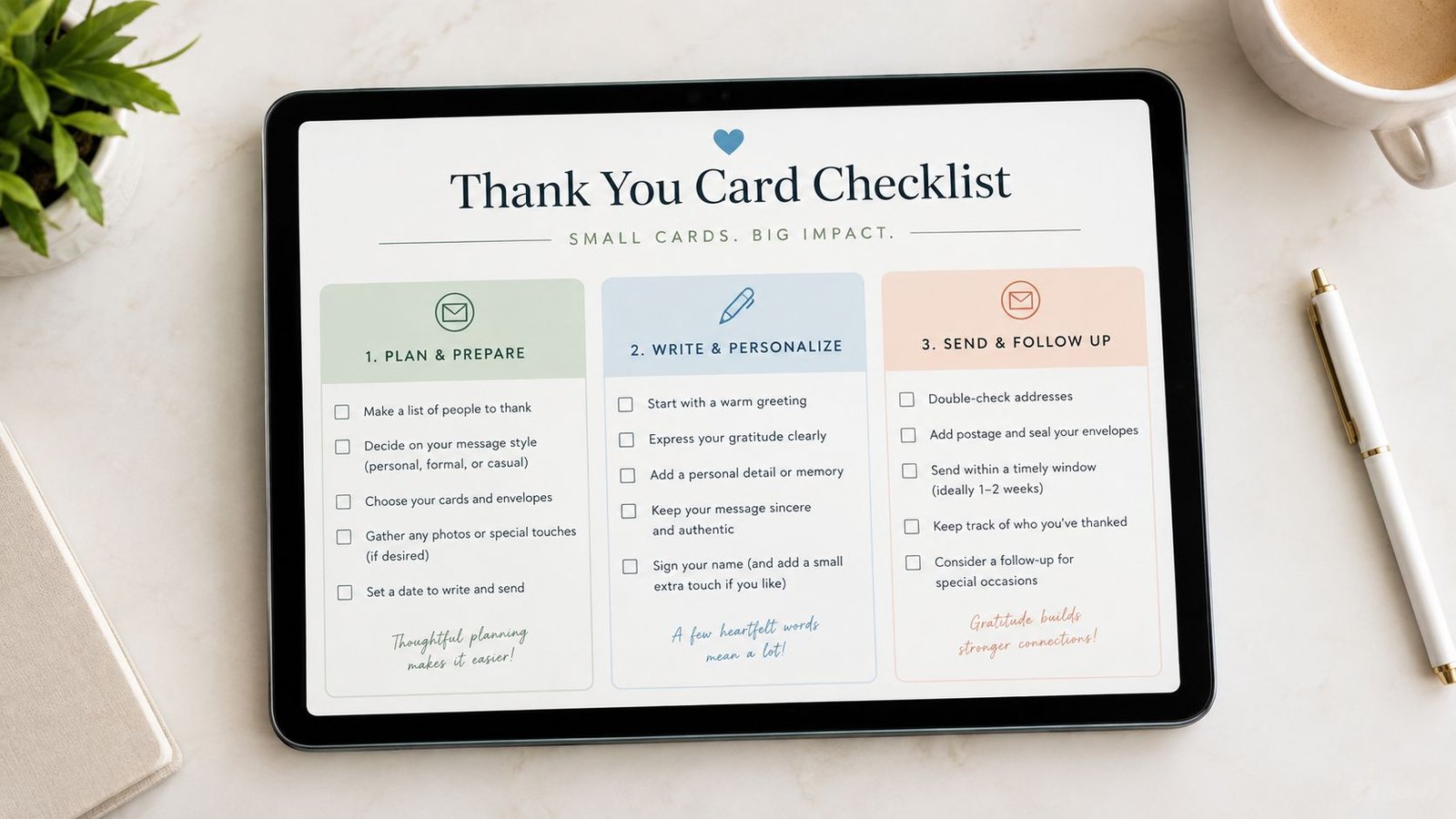 A digital tablet display showing a thank you card checklist on a clean office desk background.