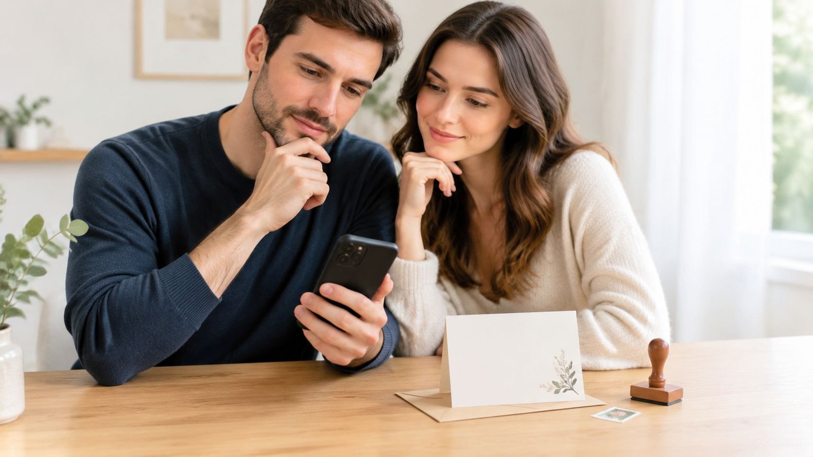 A couple looks at their smartphone while sitting at a table with a blank thank you card.