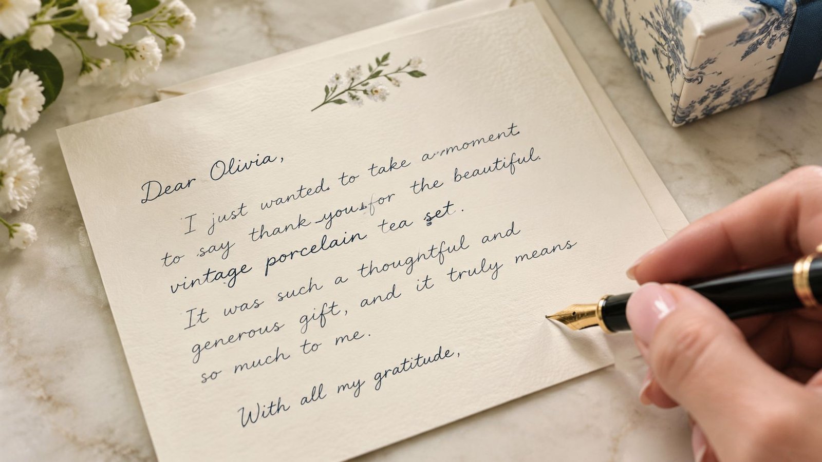 A hand writes a thoughtful thank you note for a vintage porcelain tea set on elegant stationery.