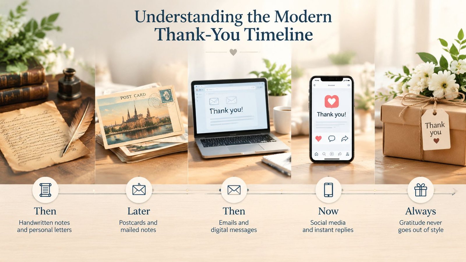 A timeline graphic depicting the evolution of thank-you messages from handwritten letters to digital and social media.
