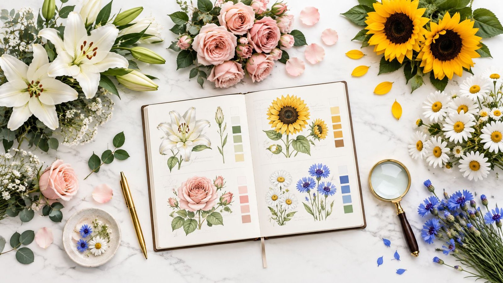 Cuaderno de bocetos botánicos con nombres de flores en italiano