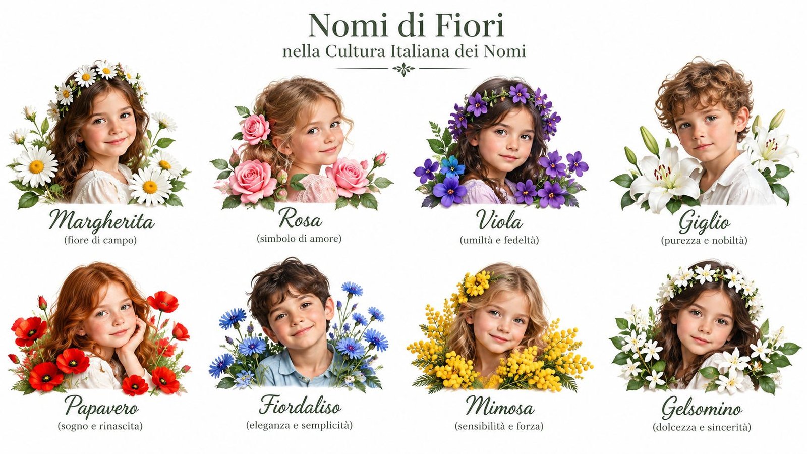 Una ilustración educativa que muestra a varios niños italianos con flores, cada una de las cuales representa un nombre y un significado únicos inspirados en una flor.