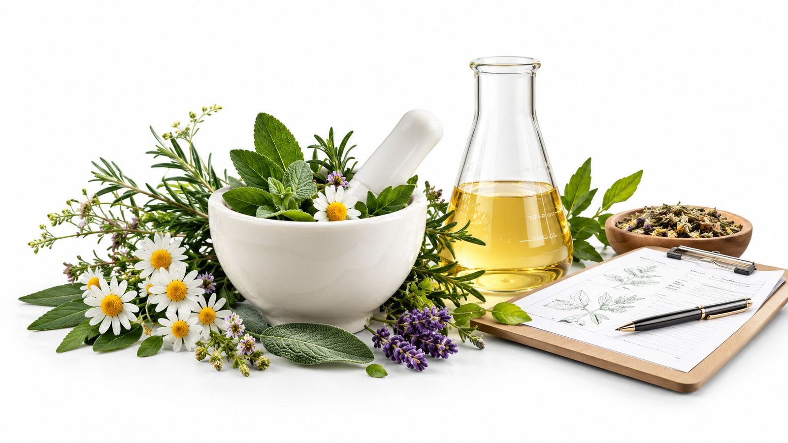Mortero y maja rodeados de hierbas frescas, flores de manzanilla, aceite esencial y un portapapeles de investigación sobre fondo blanco.