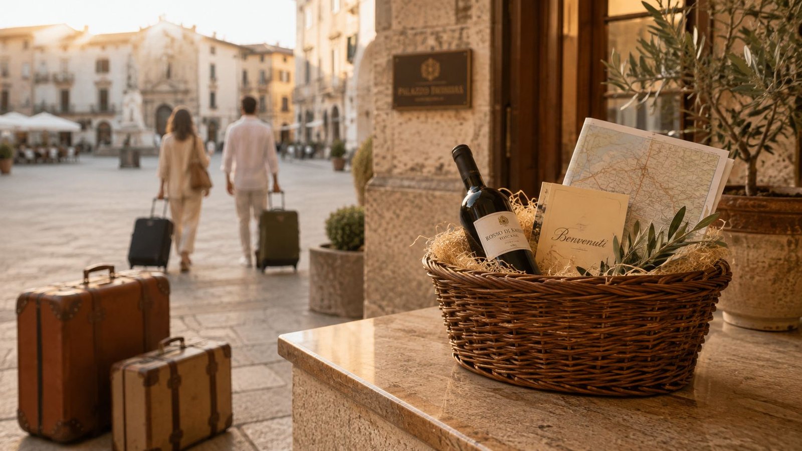 Una cesta de bienvenida con vino y un mapa espera a una pareja que pasea por una plaza italiana.