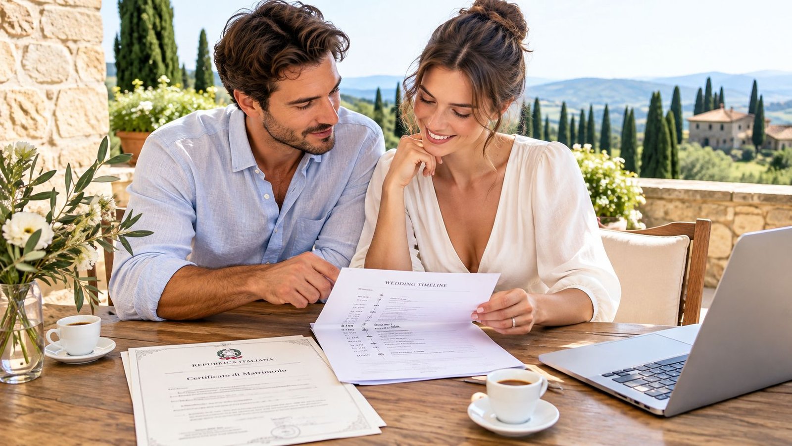 Una pareja feliz sentada en una mesa de madera en la Toscana planeando su boda con documentos y una computadora portátil.