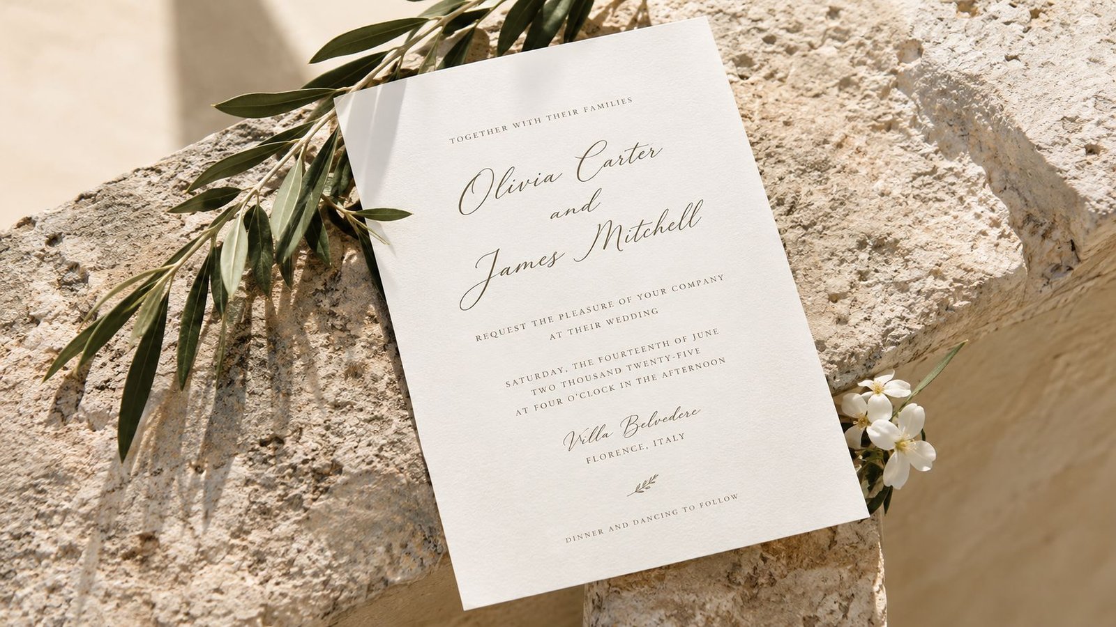 A minimalist wedding invitation card for Olivia and James placed on a stone surface with olive branches.