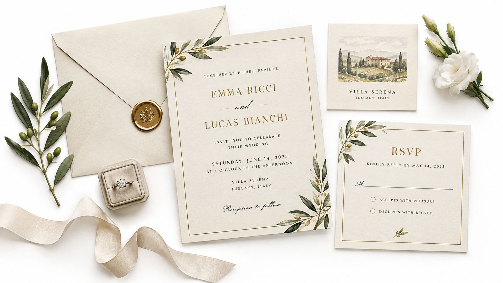 Elegant wedding invitation suite with olive branch illustrations, a gold wax seal, and an engagement ring.