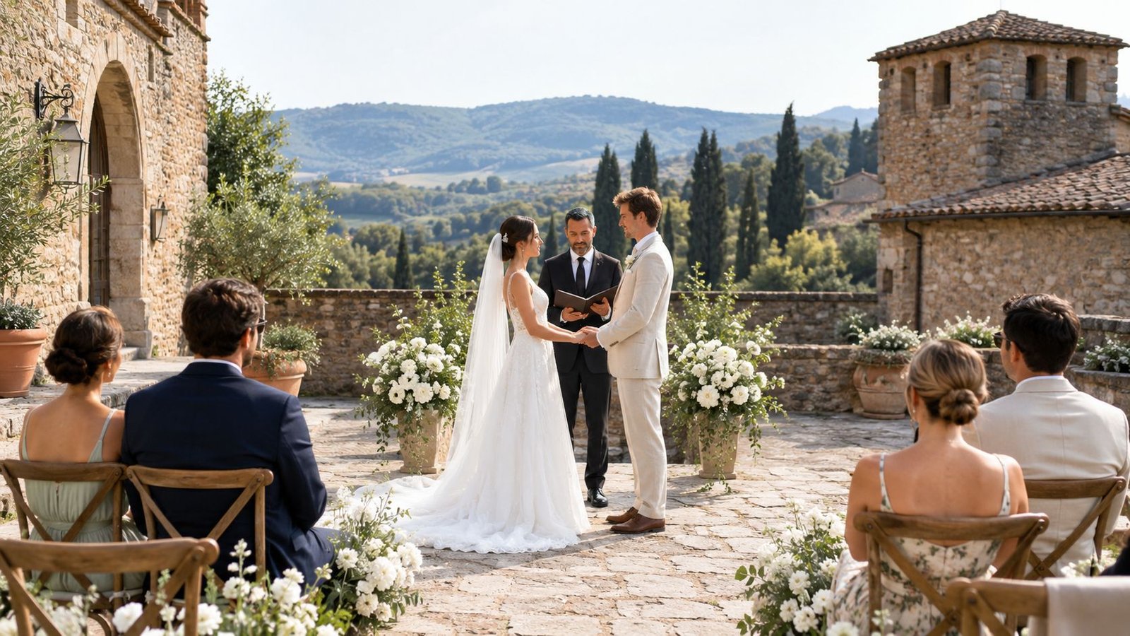A bride and groom exchange vows during an elegant outdoor wedding ceremony at an Italian stone castle.