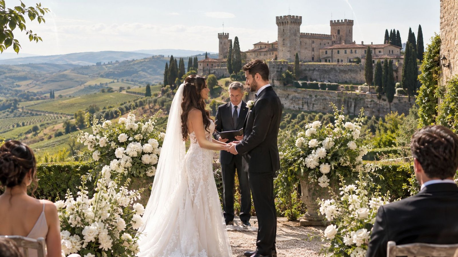 A bride and groom exchange wedding vows in front of an officiant at a beautiful Italian castle.