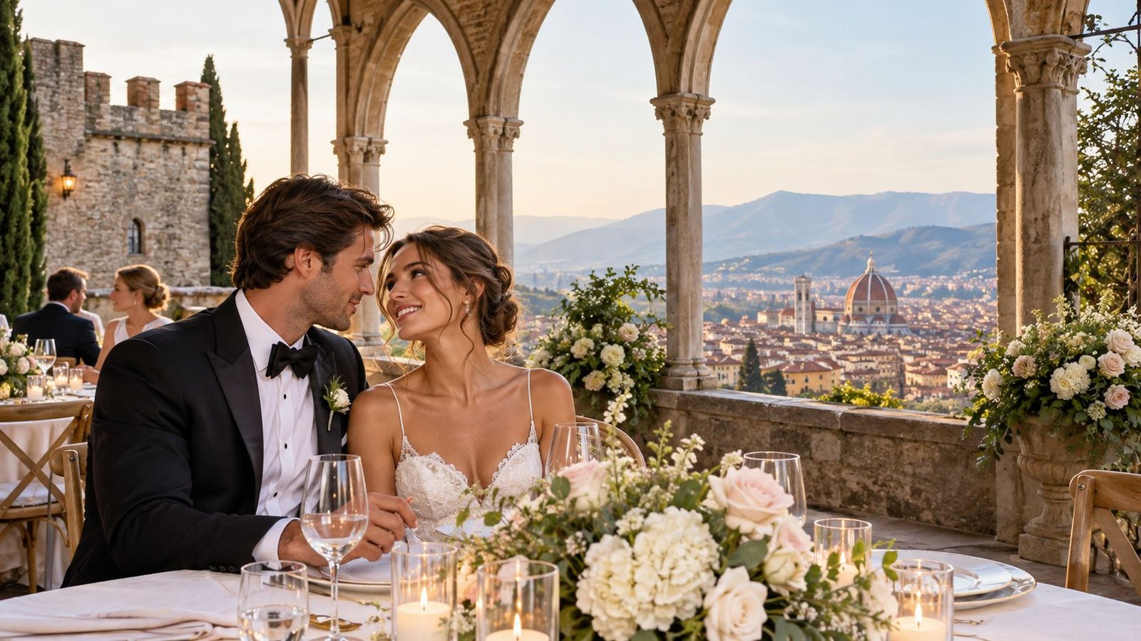 A newlywed couple gazes lovingly at each other during a romantic wedding reception overlooking a historic Italian city.