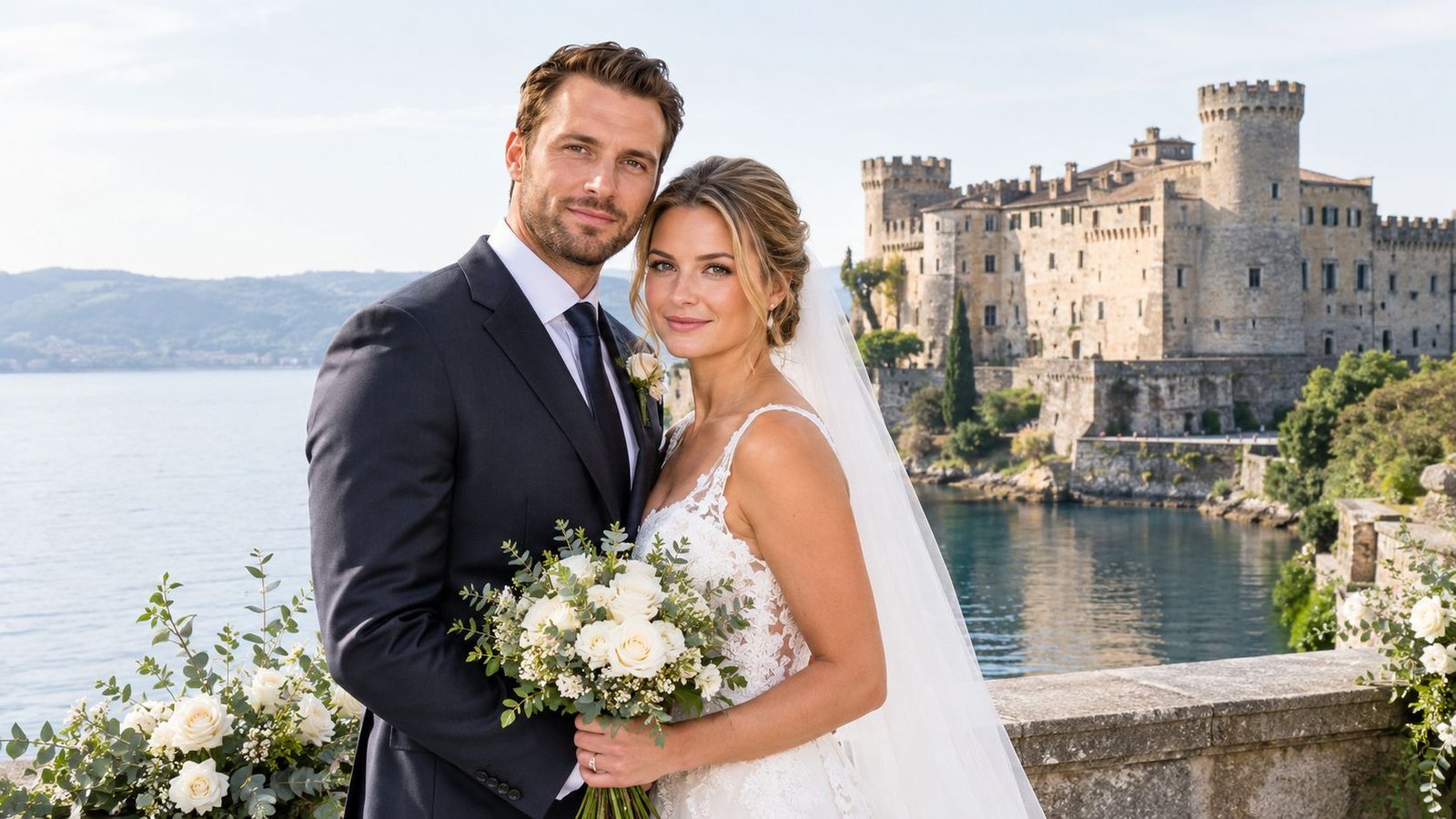 A beautiful bride and groom pose for a portrait in front of an Italian castle by a lake.
