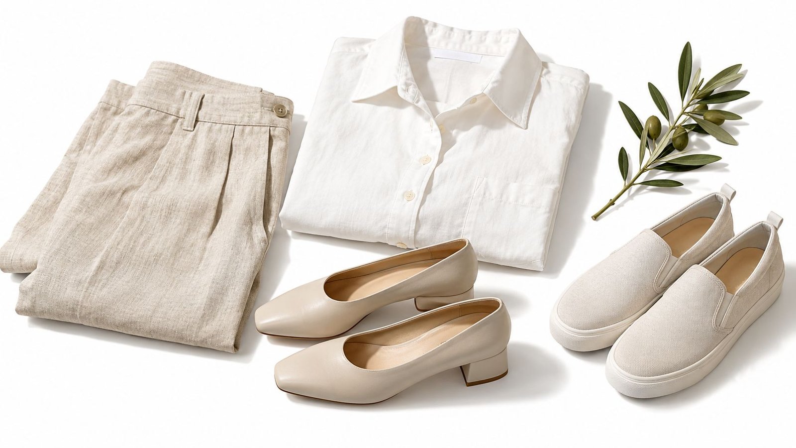 A flat lay of stylish neutral-toned women's clothing featuring linen pants, a white shirt, heels, and slip-on shoes.