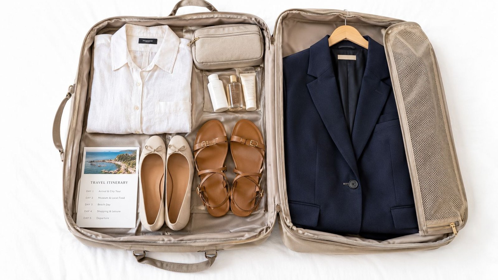 An open travel suitcase packed neatly with a white blouse, navy blazer, sandals, flats, toiletries, and itinerary.