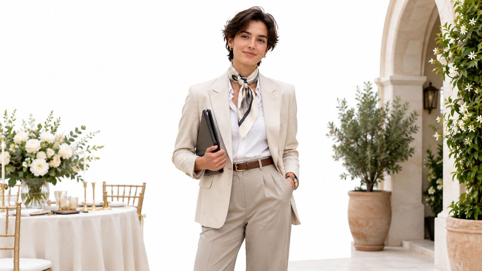 A professional wedding planner wearing a stylish cream-colored blazer and scarf stands outdoors in an elegant setting.